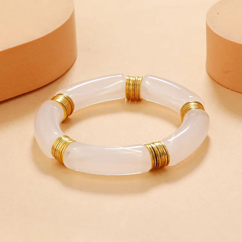Fahion Bamboo Tube Bangles Bracelet Chunky Curved Stacking Clear Acrylic Colorful Beads Stretchable Friendship Gold Bracelets