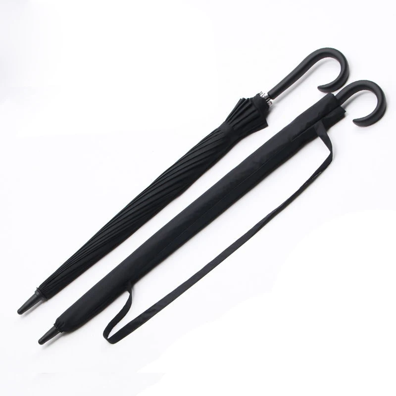 Wholesale fiberglass frame wind proof 16 rib umbrella straight with logo custom print with cuvred handle