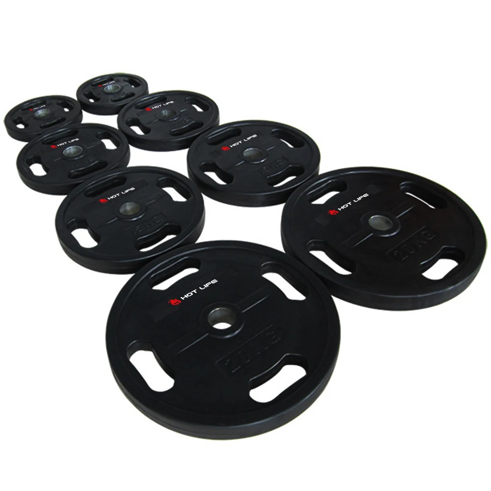 Hot Life Exercise Bodybuilding Custom Logo Black Rubber Coated Weightlifting Weight Plates Gym Equipment Barbell Plate