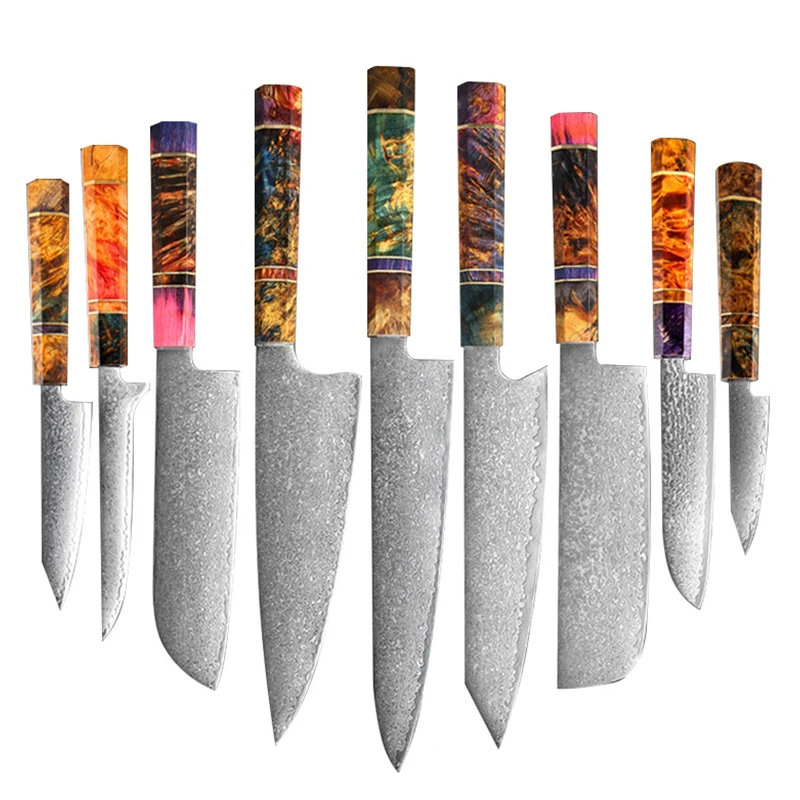 Professional Vg10 67 Layers Damascus Steel Kitchen Cooking Chef Knife Colorful Stabilized Wood Handle Kitchen Knife set