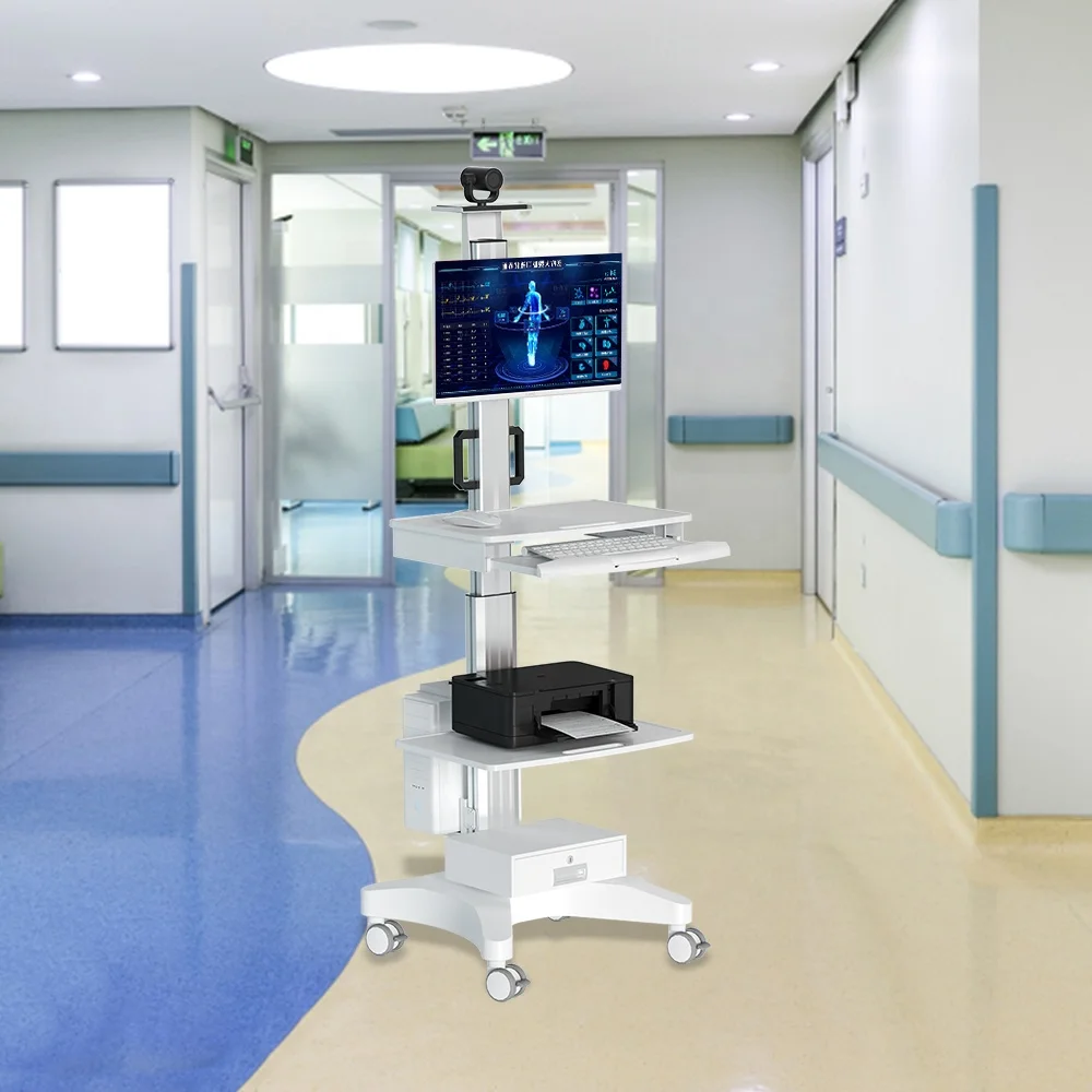 Height Adjustable Hospital Mobile Computer Cart Medical Monitor Cart Telemedicine Terminals for Hospital  Home office School