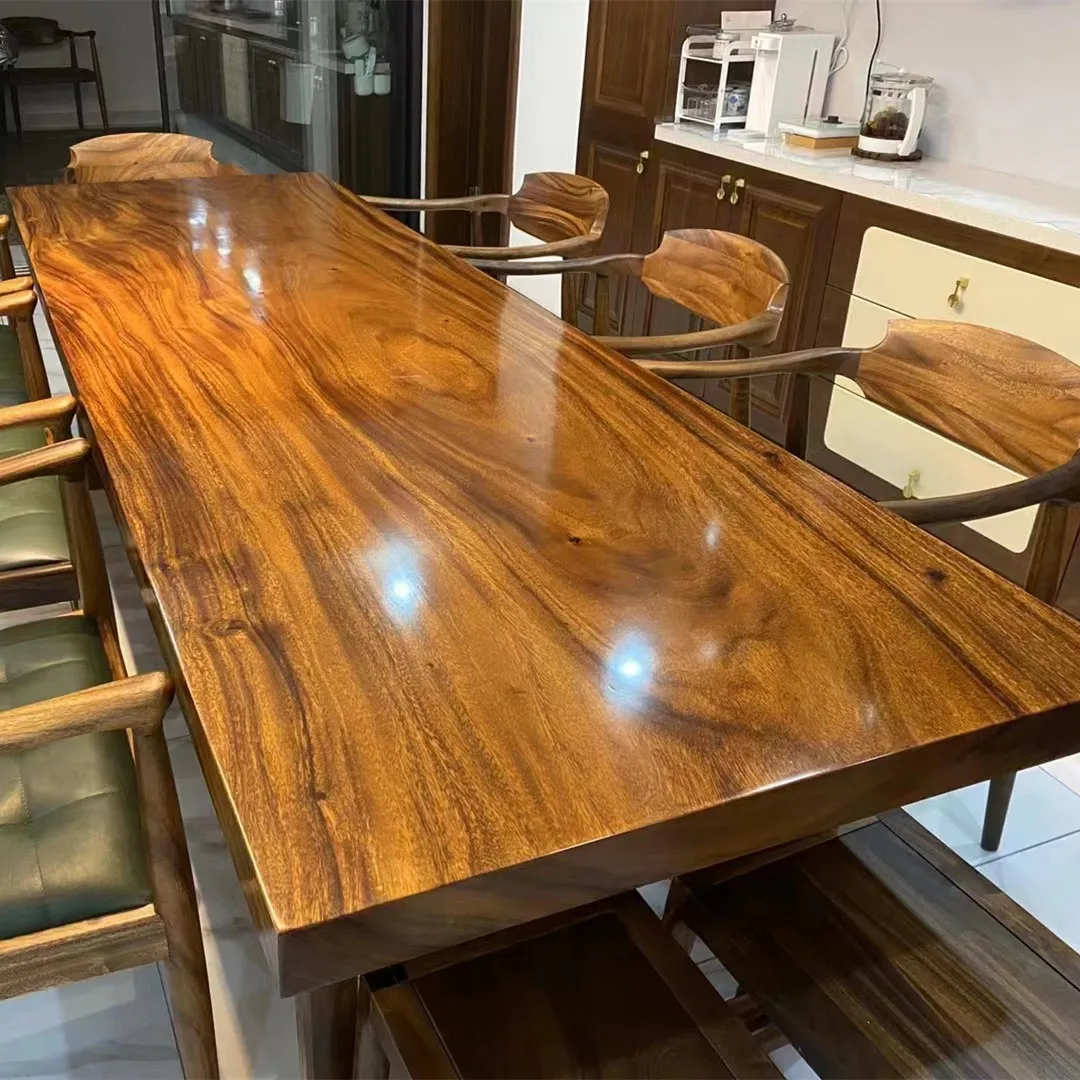 Factory Wholesale Industrial Furniture Modern Simple Shape Live Edge Kitchen Restaurant Solid Walnut Wood Slab Dining Table