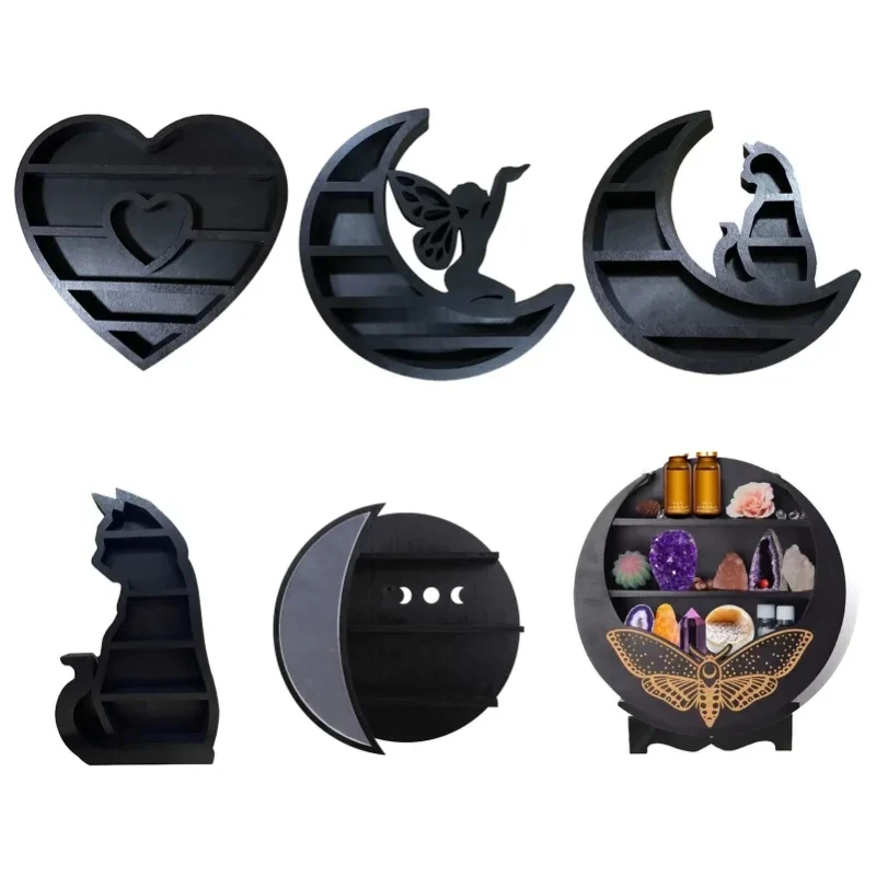 Shelf Statue Moon Shelf Black Cat Design Floating Moon Phases Shelf Gothic Witchy Room Decoration Wholesale Cat on The Moon Wood