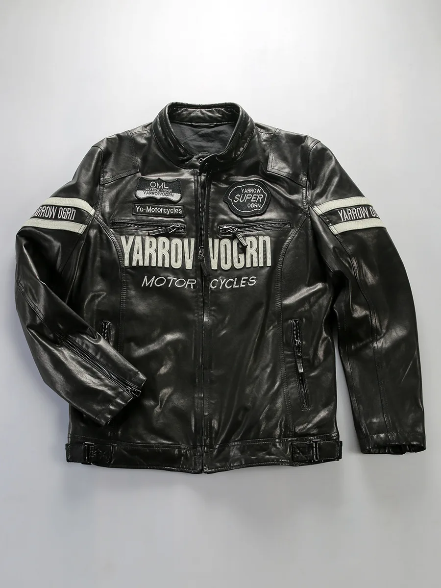 New fashion Men Casual spring wear clothes Leather full tanned sheepskin leather jacket soft stand collar racing motorcycle fit