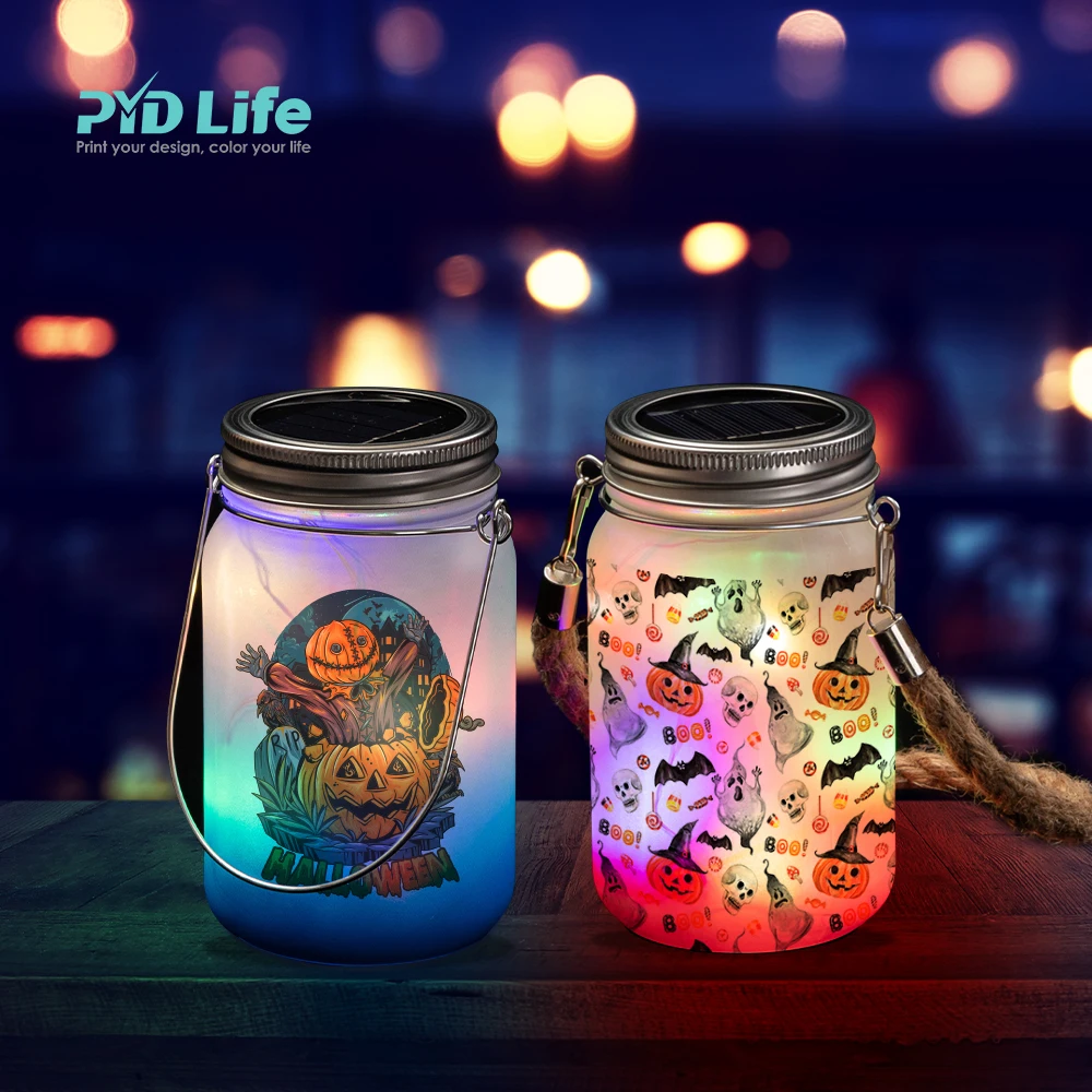 PYD Life 15oz 450 ml Custom Printing Gradient Colour LED Lights Lantern Lid Custom Frosted Glass Sublimation Fairy Mason Jar