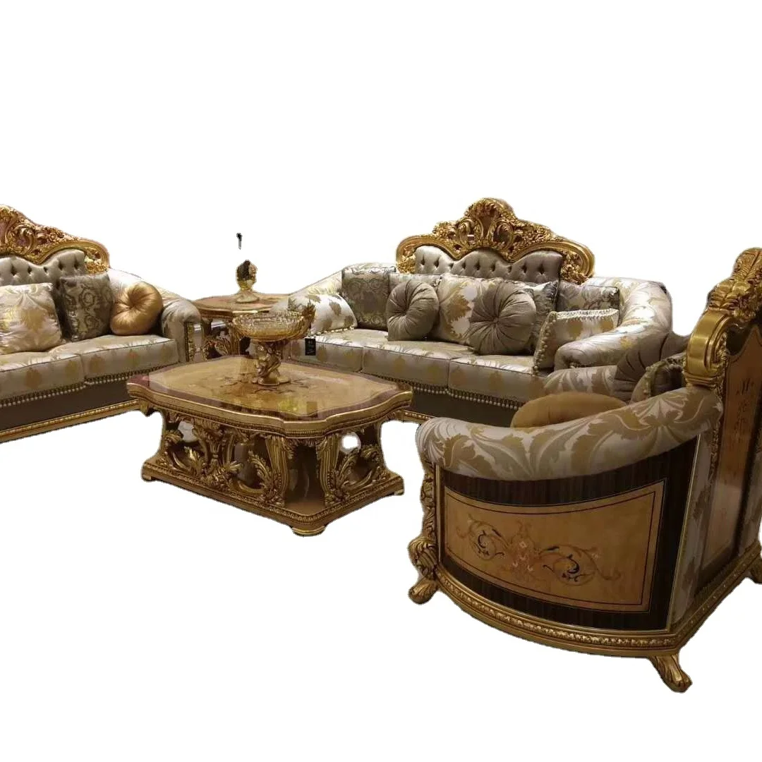 Luxurious European Italian Classical Style Antique Wooden Carved Craftsman Sofa Set Shiny Gold with Veneer for Home Furniture
