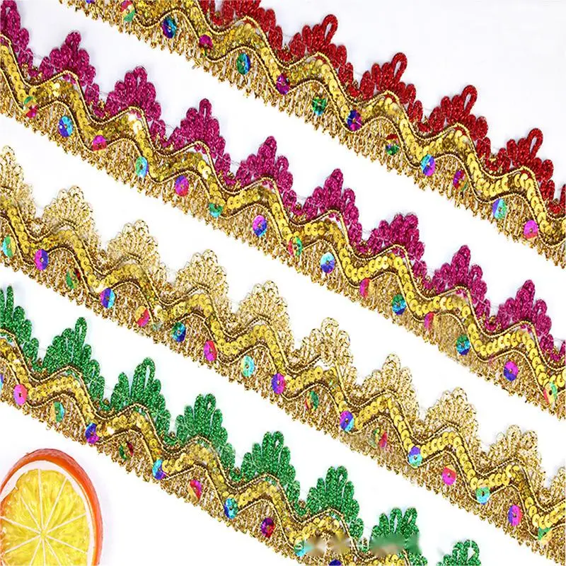 wholesale 3.5cm bead Gold And Silver border lace trim weave knitting colorful glitter sequin embroidery african laces trim