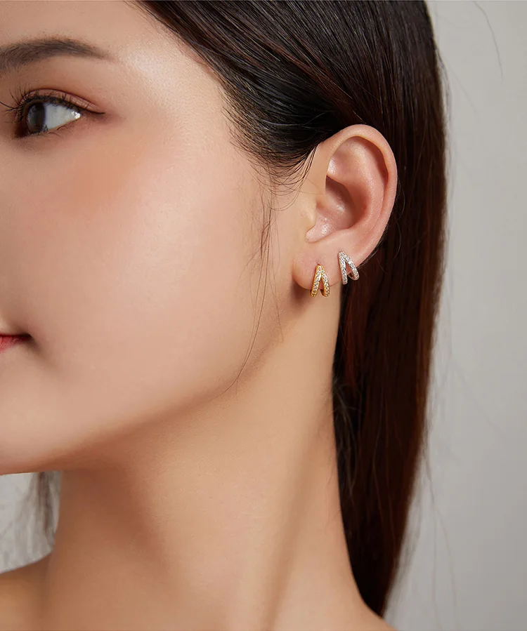 Spanish 925 Sterling Silver Modern Stylish Zircon Crystal Double Rings Ear Buckle Earrings Hoop for Women Wedding SCE1187