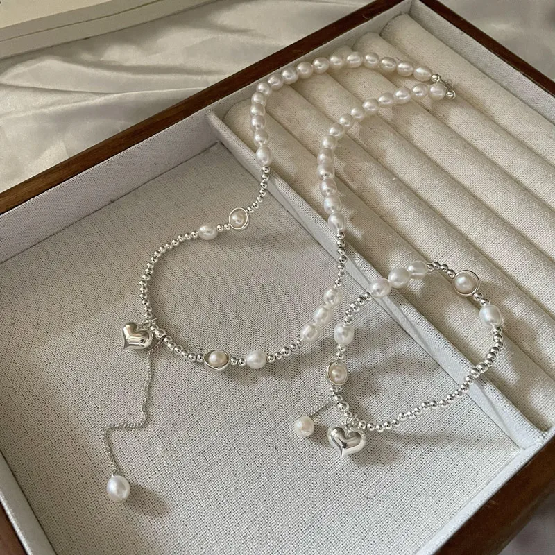 Ручной работы круглые серебряные бусины из натурального пресноводного жемчуга ожерелья из бисера 925 стерлингового серебра в форме сердца браслет ожерелья ювелирные изделия