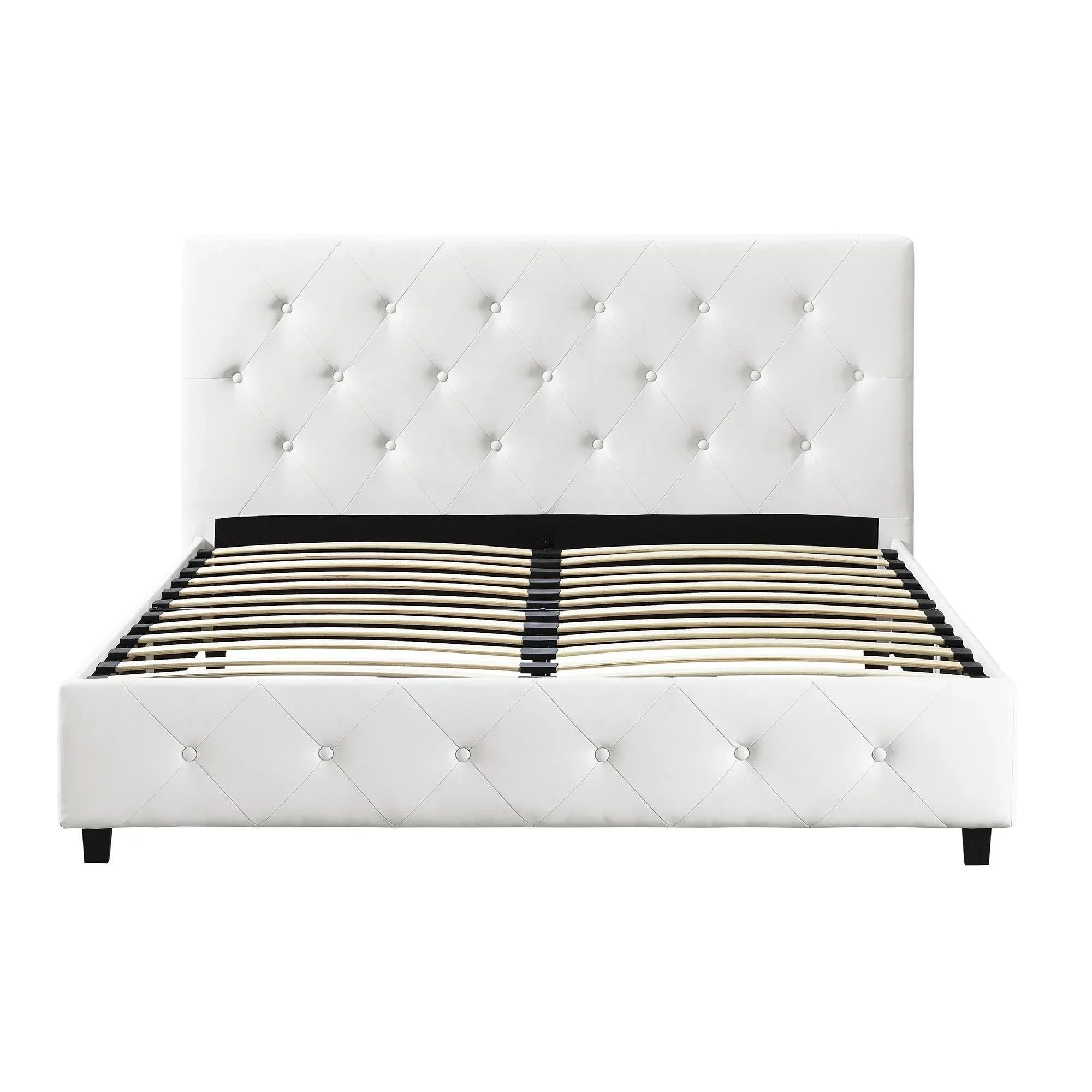 Latest White Faux Leather Upholstered Queen Bed With Pull Buckle