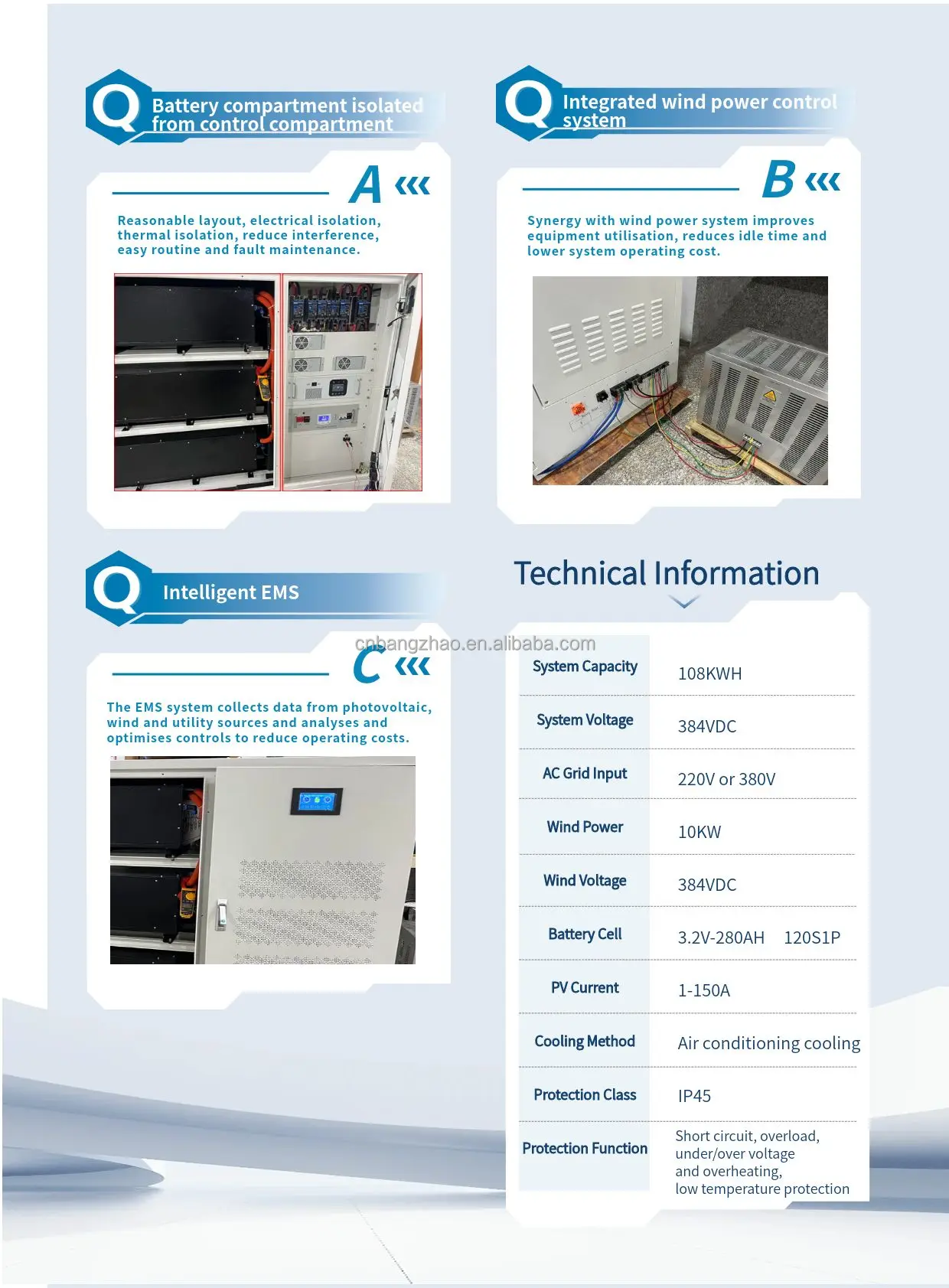 Wind Solar Hybrid Energy Storage Battery 384VDC High Voltage 280AH Lithium Battery 108kwh Wind-Solar storage power supply