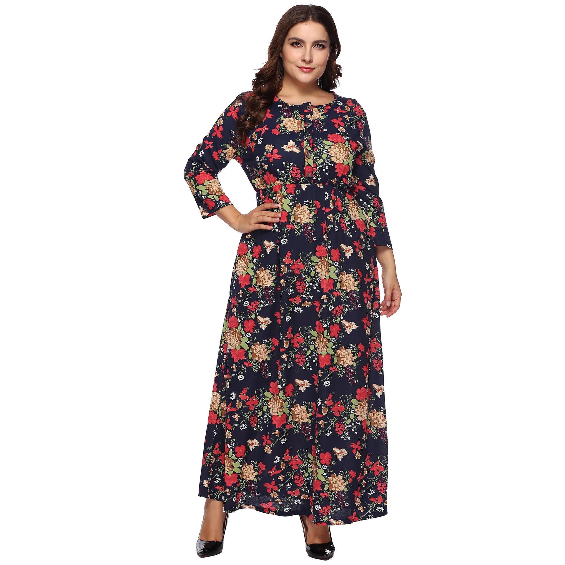 Factory OEM Autumn Plus Size Long Sleeve Retro Floral Evening Long Maxi Casual Dresses