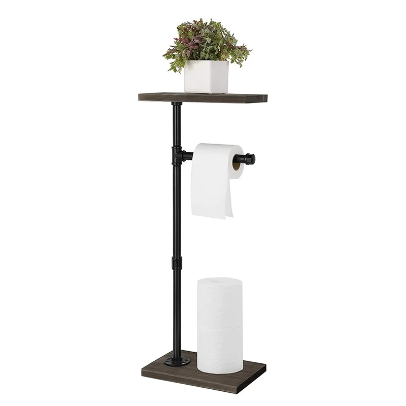 Metal Freestanding Toilet Roll Paper Holder Stand with Plant Pot Display Wooden Top Plate