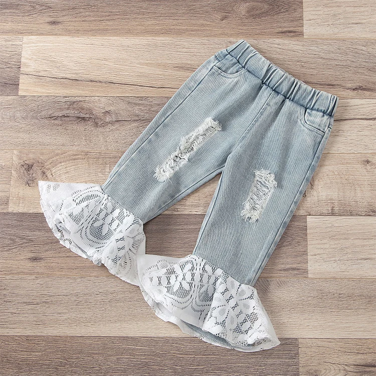 Fast Delivery Spring And Summer 2 Years Baby Girl Clothes White Butterfly Sleeve Top+Lace Denim Shorts 2Pcs Girl Clothing Set