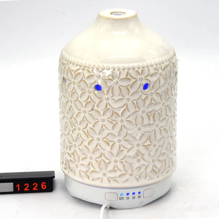 White Pillar Leaf  Pattern Hollow Out Ceramic Cover Glossy Electric Diffusers Essential Oils LED light Changing