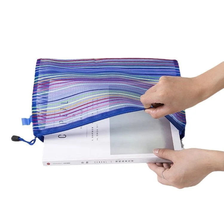 Portable Fabric Pencil Bag for Students Colorful Mesh Stationery File Organizer with Transparent Zipper