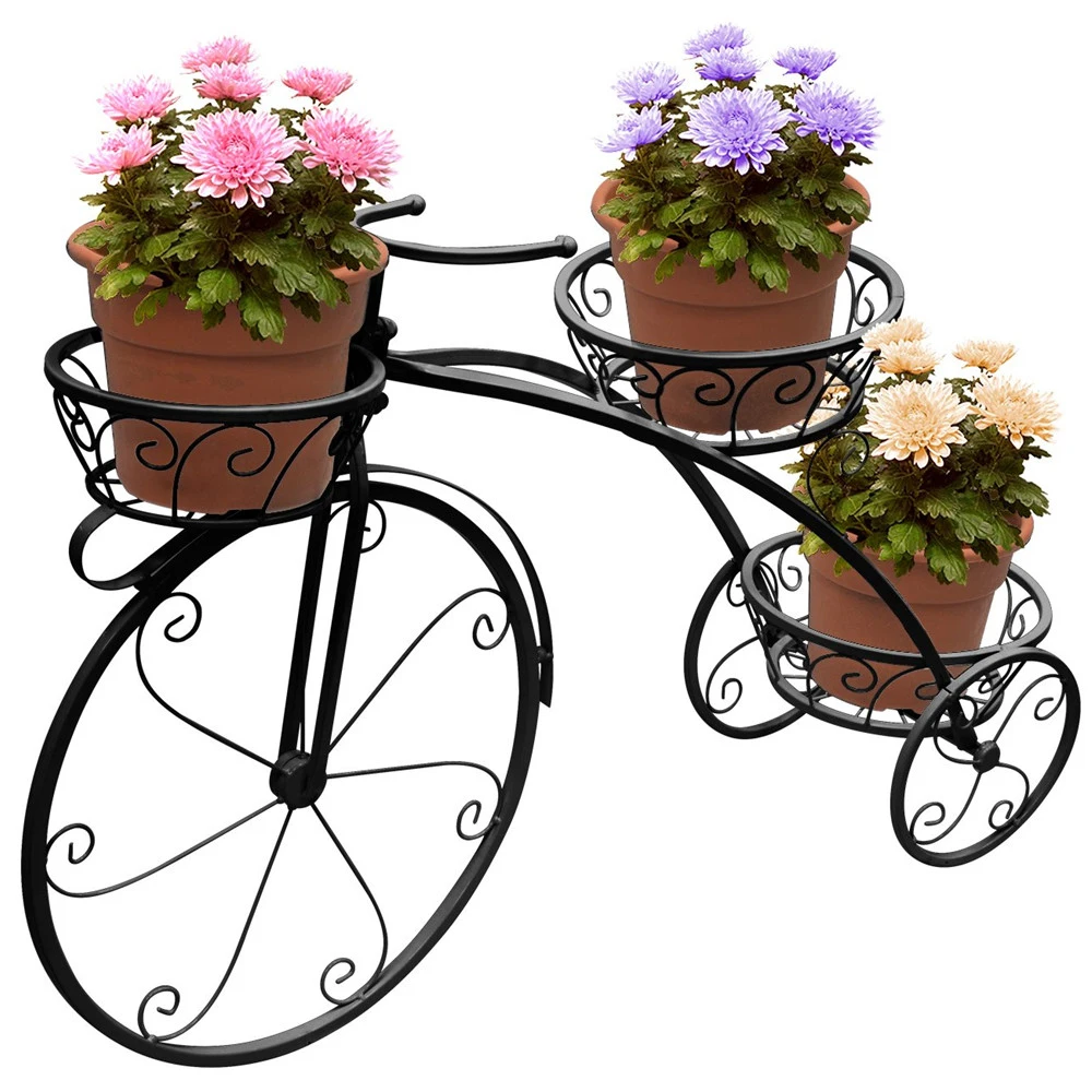 Bicycle Style Iron Plant Stand with 3 Pots Modern Decorative Flower Stand Plants Indoor Iron Flower Planter Pot Stand