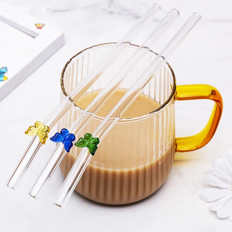 Custom Drinking Clear Bent Straight butterfly Bow-tie Bow Shape Glass Straw Straws Set with Design for Soda Can Cup Accessories