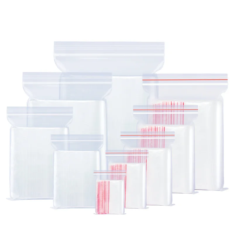 Transparent plastic reclosable zip poly bags with resealable lock seal zipper grip Self sealing bags