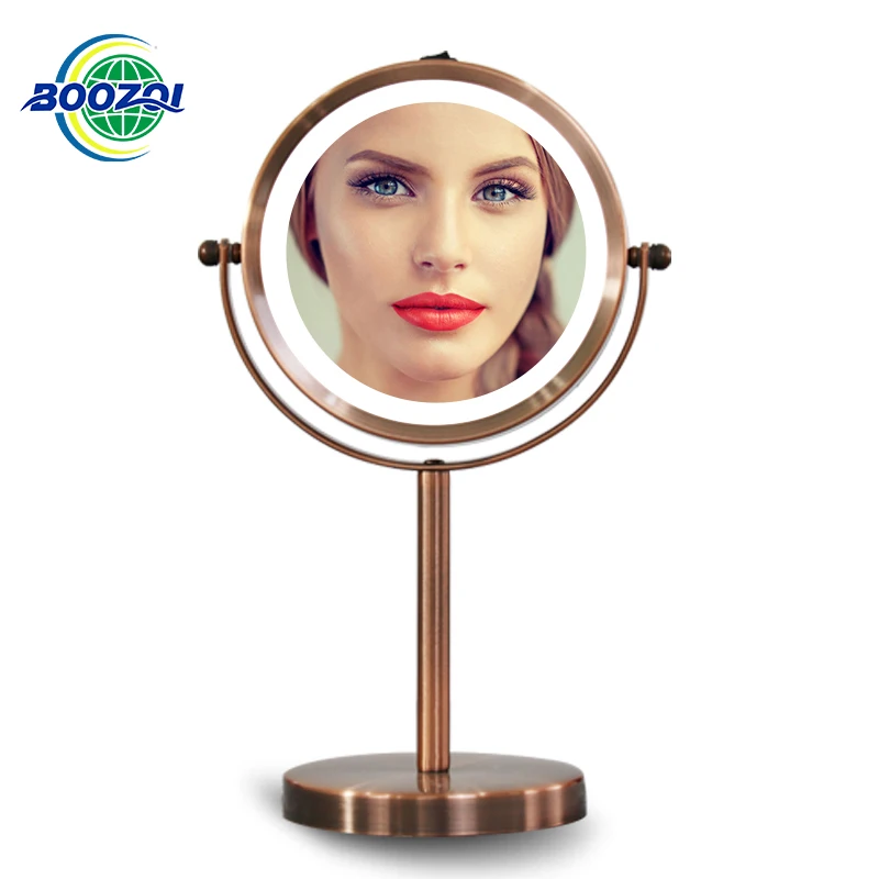 quality customized round led smart makeup mirror desk Adjustable metal Stand table led lighted vanity makeup mirror with lights