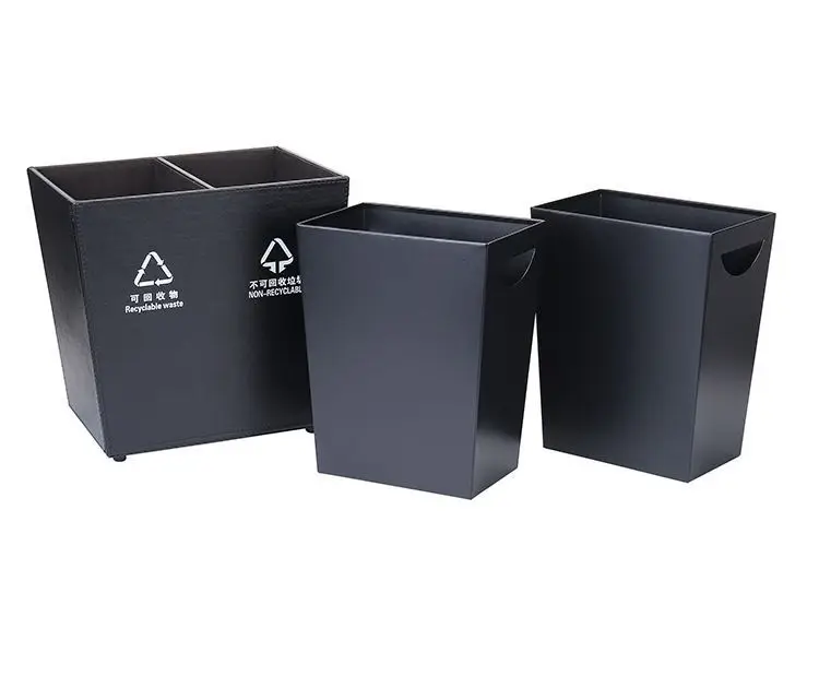 8L Hotel Room Recycling Bin Black Trash Can Custom PU Leather Paper Waste Basket With Lid