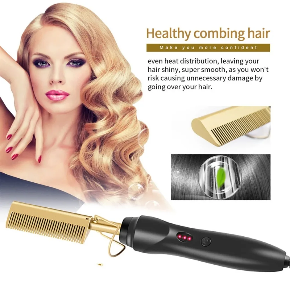 Hair Straightener Comb Women Home 2 in 1 Use Electric Hot Straightener Comb Brush Straight Hair+Curl Hair Bling Hot Comb