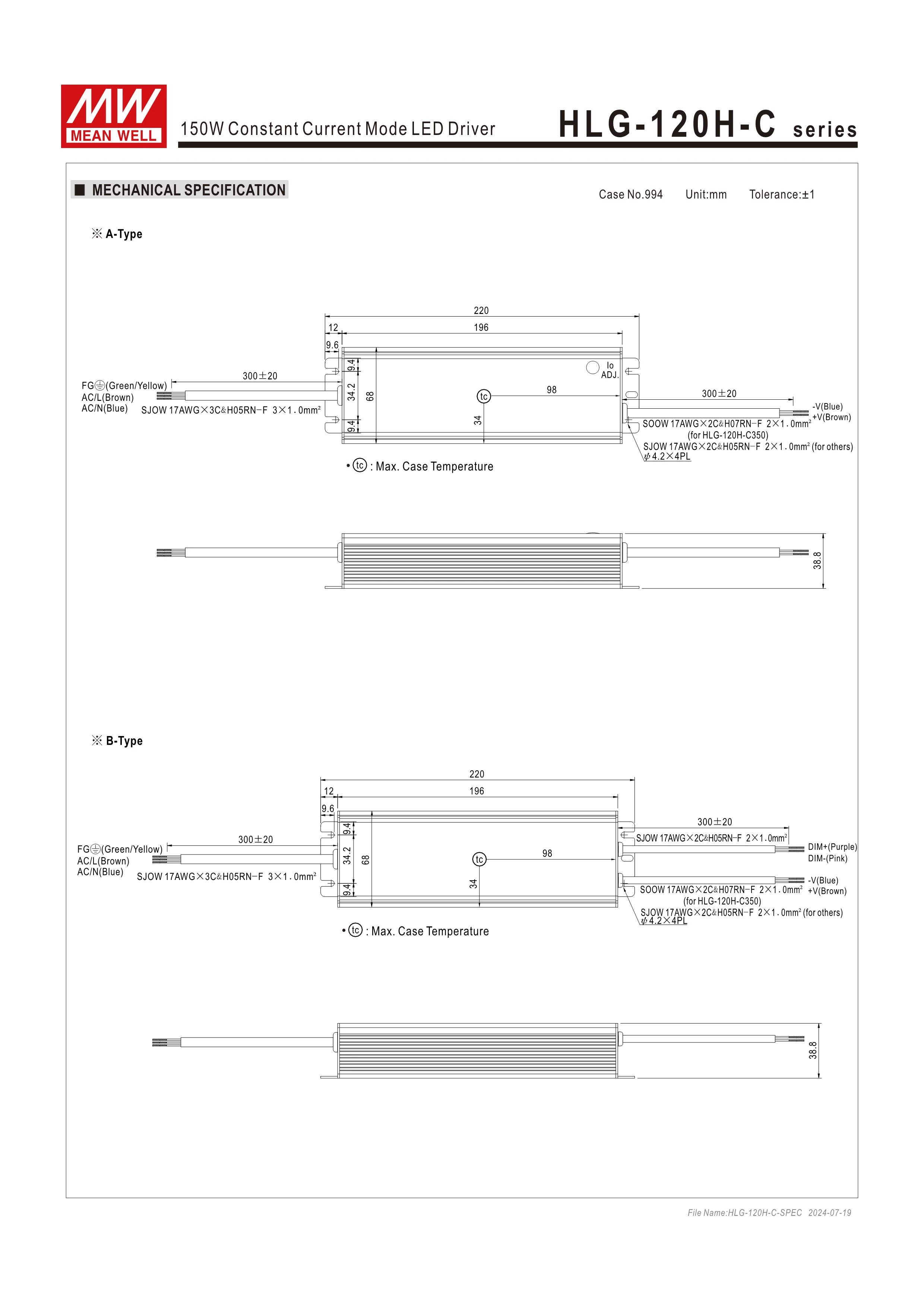Meanwell HLG 120H 350A 150W Constant Current Mode LED Driver IP65 waterproof Power Supply HLG-120H-C350A Mean Well