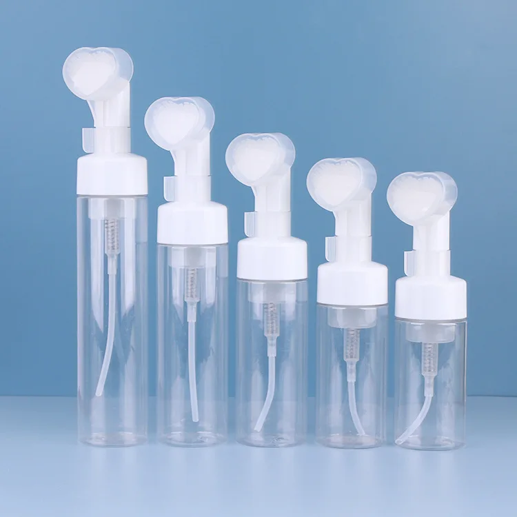 100ml 120ml 150ml 200ml 250ml Transparent PET plastic cosmetic foam pump bottle dispenser with heart-shape brush top