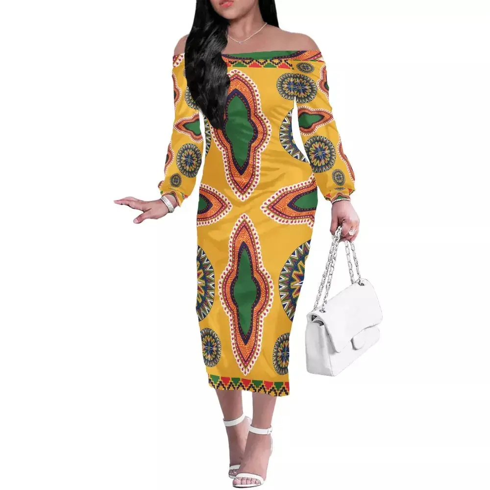 1pc low MOQ Custom Print Sexy Slash Neck Women Dress Tight Mid-Length long Sleeve Tribal African style Women Skirts