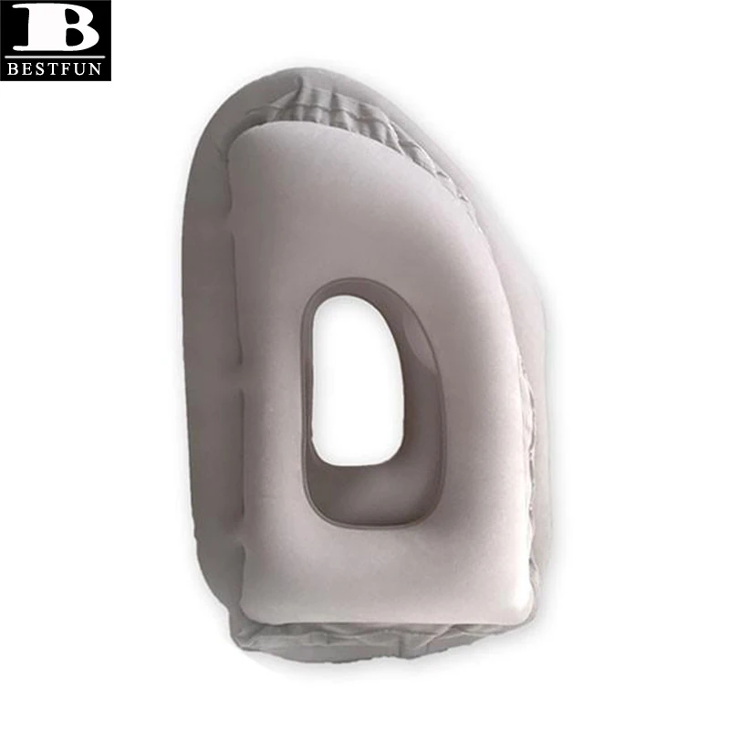 downy flocking inflatable travel pillow with head and arm rests for airplane, bus, train, car, camping, backpacking