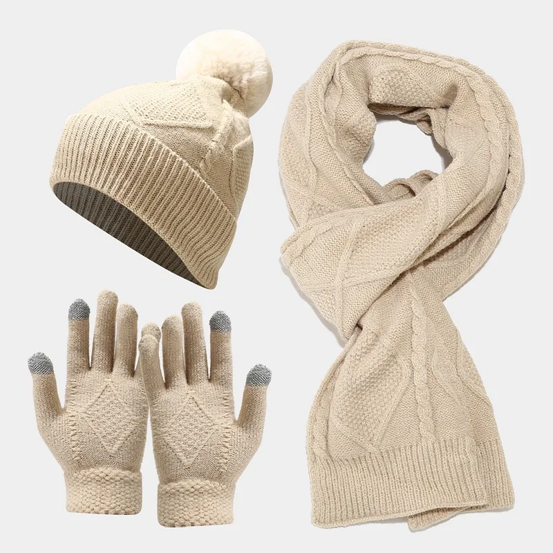 Custom Private Brand Women Men Pom Pom Beanie Long Scarf Touchscreen Gloves Winter Knitted Hat Scarf Gloves 3 in 1 Set