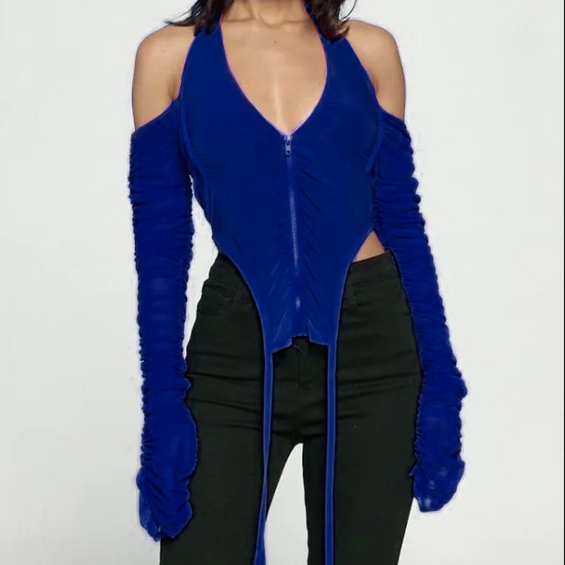 New Arrival Woman T-shirt With Zipper Long Sleeve V-neck Lace Mesh White Crop Top