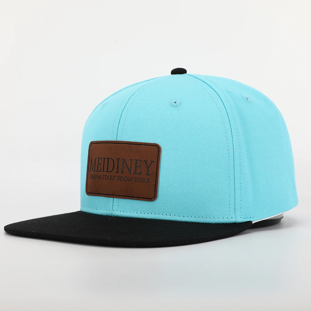 OEM Custom Design Your Own Logo 6 Panel High Quality Flat Brim Plain Cotton Hip Hop Snapback Hat Caps With Leather Patch