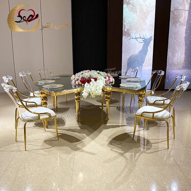 Luxury wedding furniture mirror glass serpentine catering table banquet