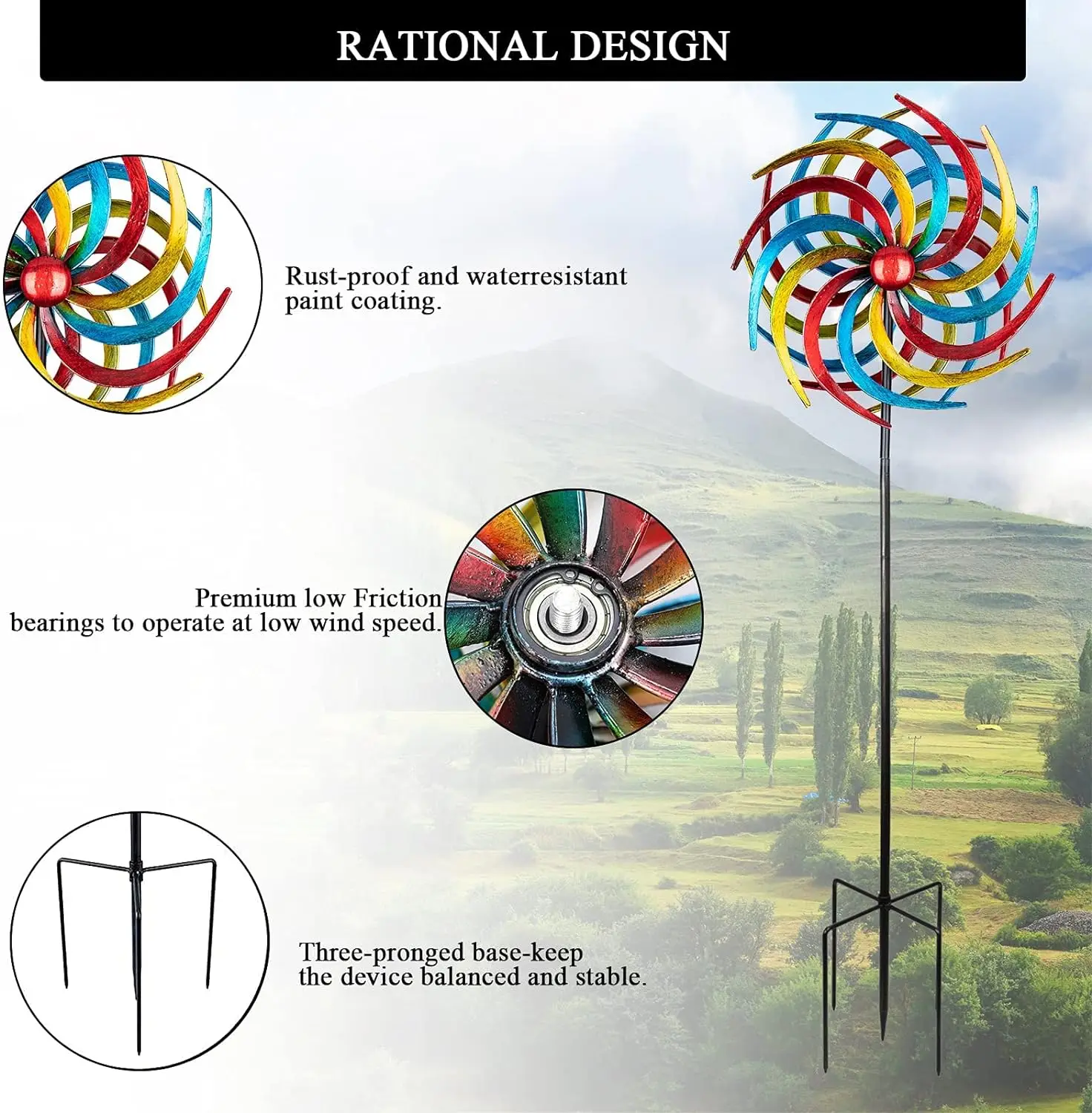 Wind wheel willow leaf colorful Kinetic sculpture Metal windmill with pilings garden courtyard outdoor mid-century modern decor