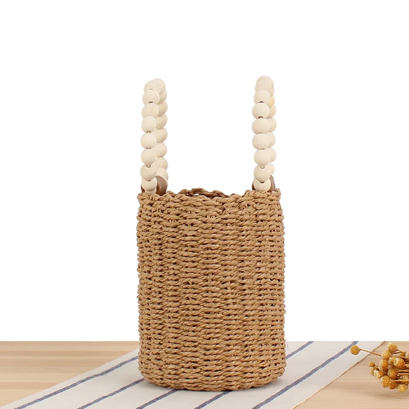 Women Boho Summer Beach Handwoven Straw Tote Bucket Bag with Wooden Beads Round Handle
