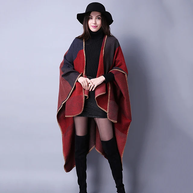 Женские контрастных цветов с отложным воротником, большие размеры кардиган пончо, плащ с капюшоном, открытые спереди и длинное зимнее пальто-свитер