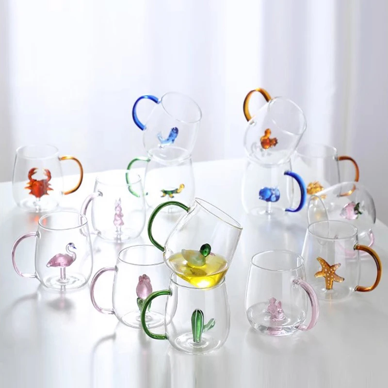 colored handle 3D cartoon animal glass cup homeware juice drink coffee high borosilicate glass cup