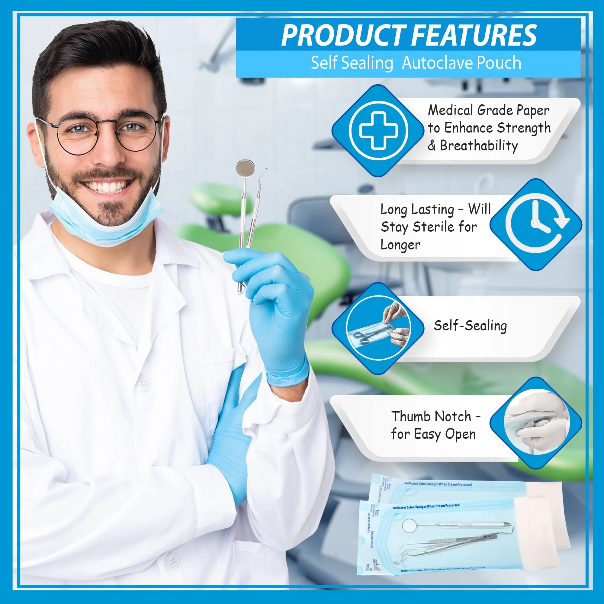 Disposable Self sealing sterilization pouch with ISO13485 standard for Medical ETO & STEAM