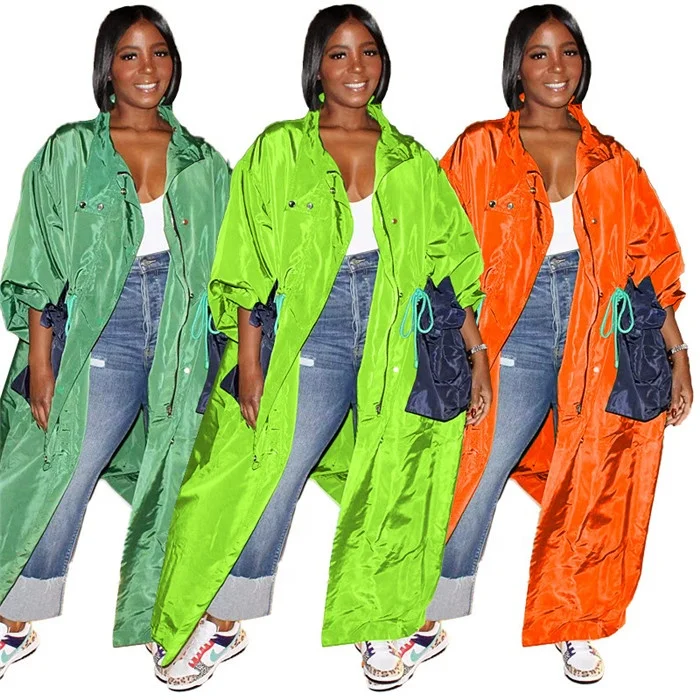 YCM3543-hot sale 2023 reflective trench coat women oversized windbreaker jacket with big pockets