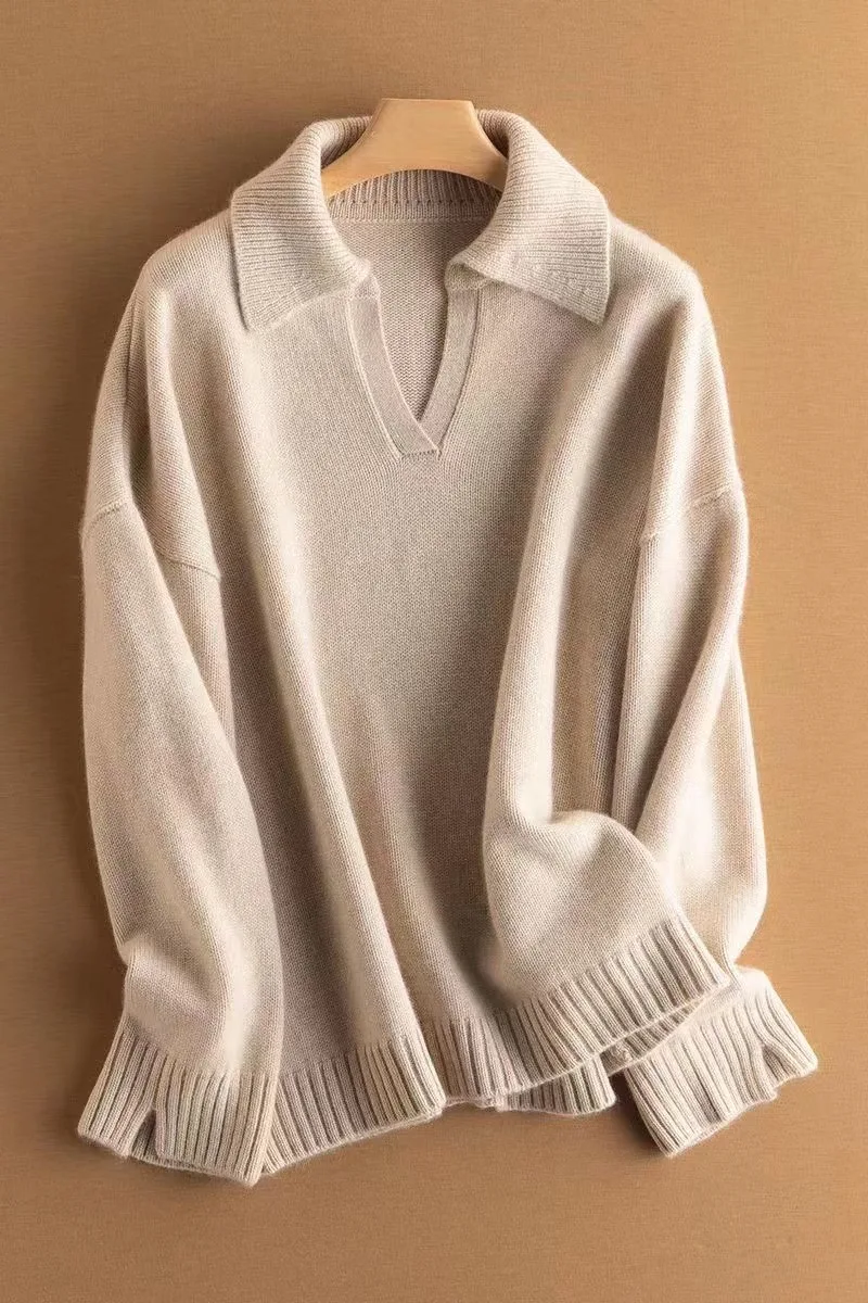 OEM 100% cashmere 5GG knitting soft casual sweater quarter turn-down collar pullover women sweater