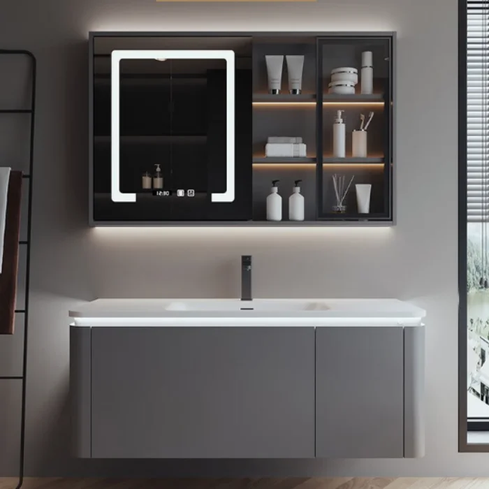 New Bathroom Single Sink Wooden Cabinet Bathroom Vanity Set With Resin Sink Set Lighting Bathroom Vanities