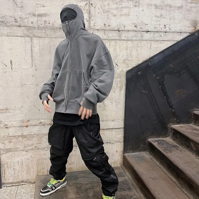 Custom Design Logo Streetwear Plain Thick Cotton Blank Zip Up Ninja Hoodie Sleeve Fleece Oversize Cropped Hoodies Men