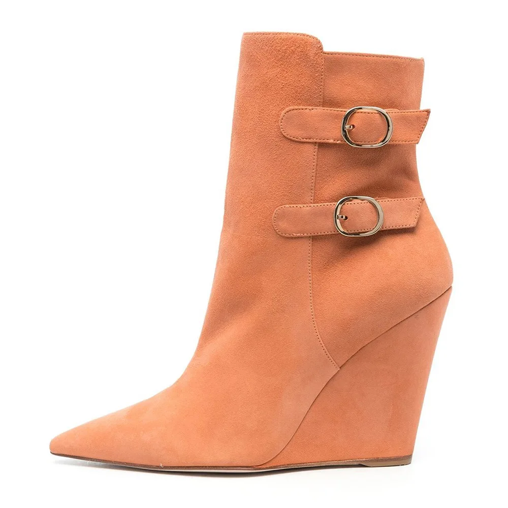 2025 Custom Logo Ladies Winter Suede Wedge Ankle Boots Orange Short Heels Sexy High Heel Booties for Women Summer Shoes