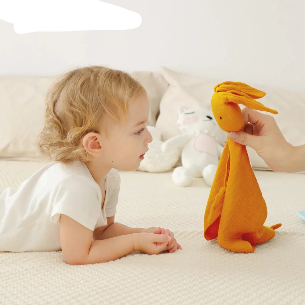 Wholesale Lovely Super Soft Touch doll rabbit soothing towel 100% Organic Cotton Muslin Baby Comforter Blanket