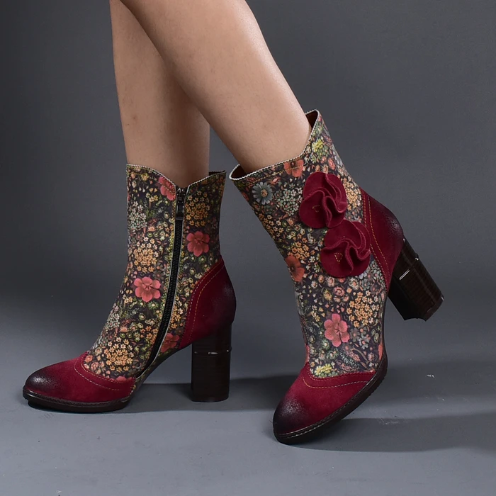 Women Floral Genuine Leather Ankle Boot Handmade High Heels Ankle Booties Boot Lady Winter Shoe