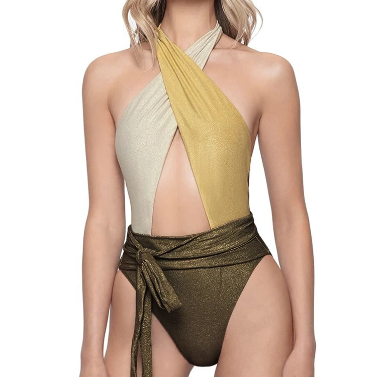 Factory Custom Carvico fabric one  Pieces Halter  Girl Beach Bikinis