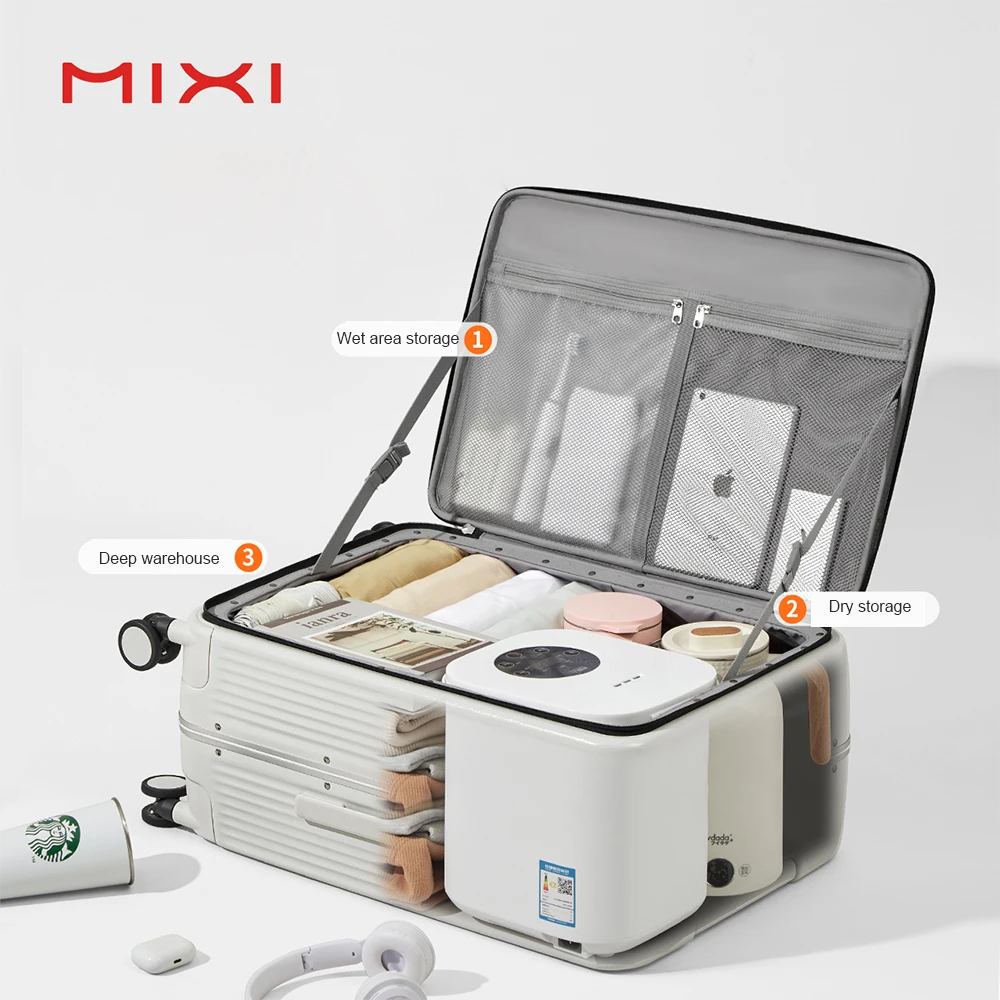 Mixi new arrival cup holder carry on suitcase maletas de viaje USB charge port aluminum trolley hook for Mobile phone luggage