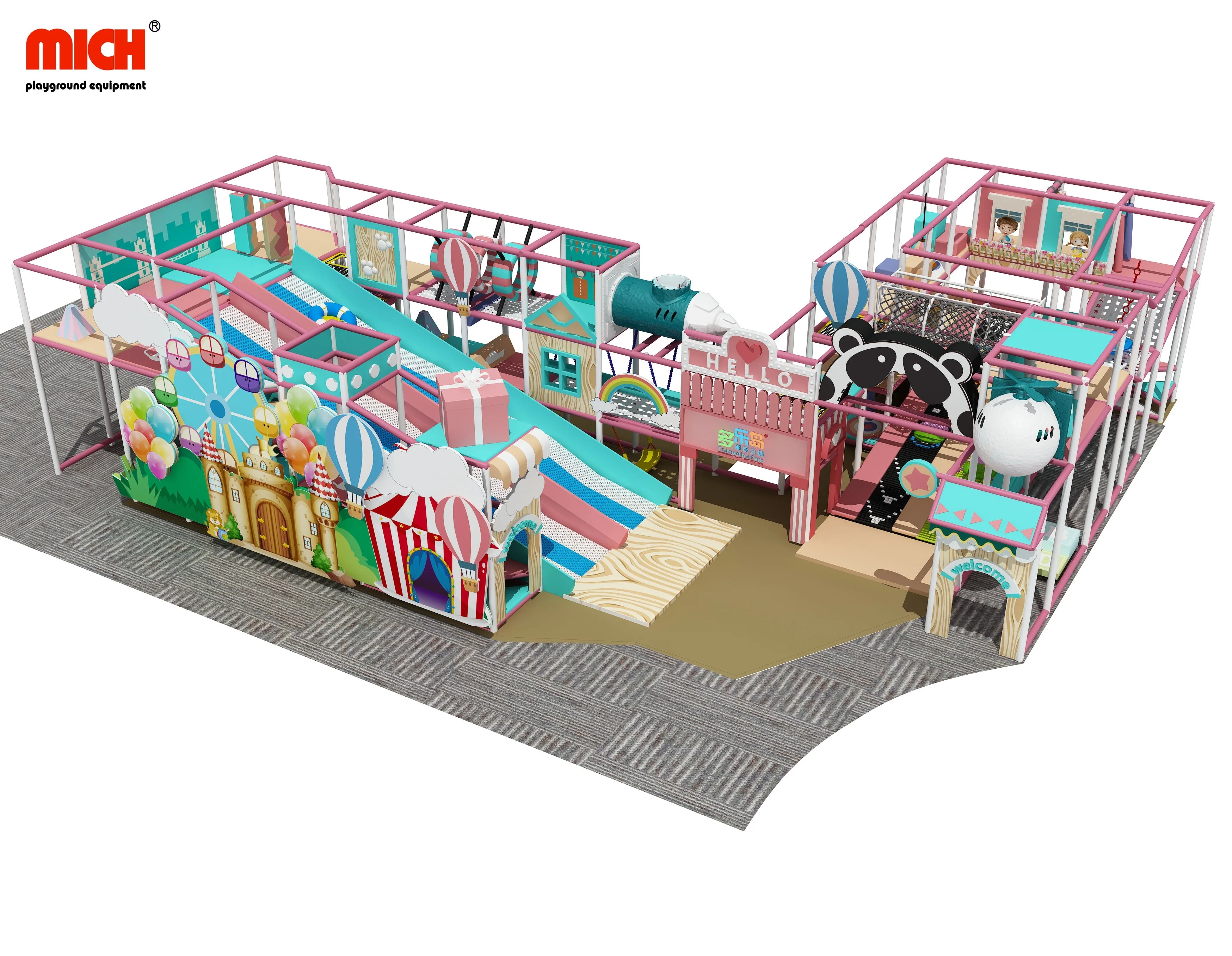 Mich L-shaped 200 sqm 3 Levels Kids Indoor Slides Park with Donuts Slides, Roller Slides