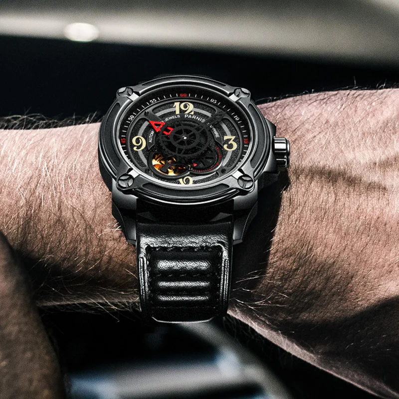 Parnis 44mm Skeleton Men Wristwatch Mechanical Watches Japan Miyota 82S5 PVD Coated Black Case Mechanic Military Pilot Watch